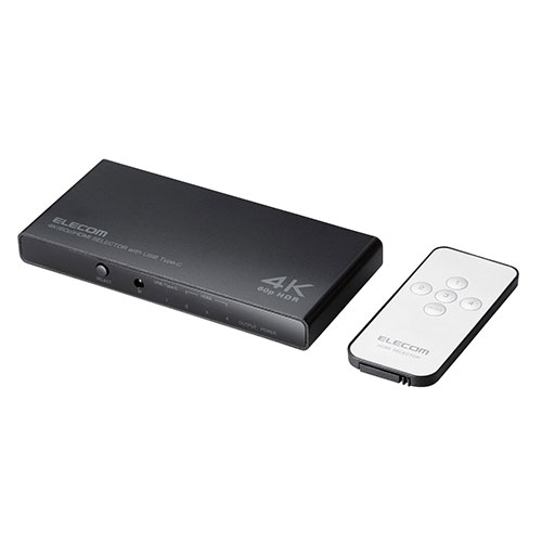 エレコム HDMI切替器/4K60Hz対応/4ポート/3入力(HDMI)+1入力(USB Type-C)・1出力(HDMI)/専用リモコン付/専用ACアダプター付き/ブラック DH-SW4KC41BK