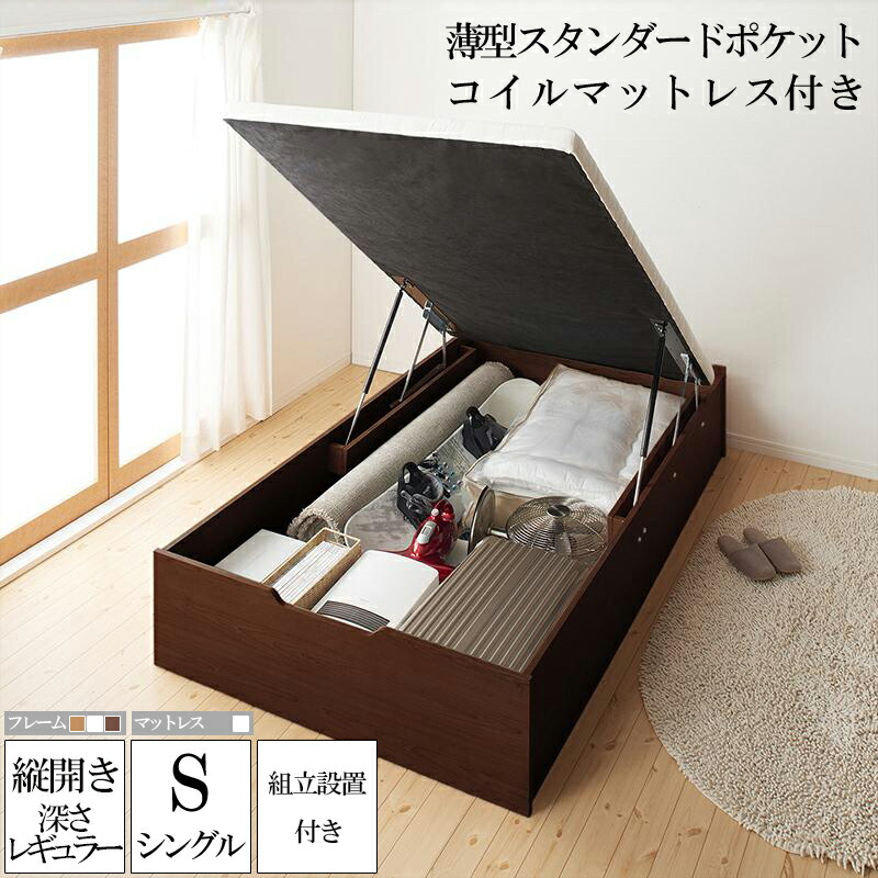 送料無料 組みたて 手伝う随伴者 納める ベッド シングルベッド 跳ね上げ婚礼 ベッドご本 マット答弁書書割 縦径庭 深さレギュラー シングル大いさ 薄型スタンダードポケットコイルマットレス付き ガス体圧式跳ね上げベッド 否モス 大容積 収納付き 頂点レス
