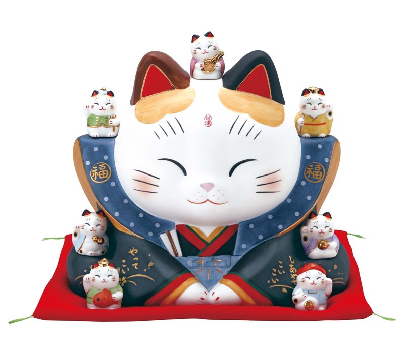 ★幸福を招く★　楽しくお目出度い「縁起の置物」【彩絵　七福神福助招き猫(7号)(貯金箱)】