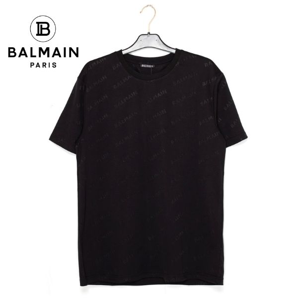 国内発 BALMAIN ロゴブラックコットンラウンドネック半袖Tシャツ BALMAIN ブラック ロゴ Tシャツ