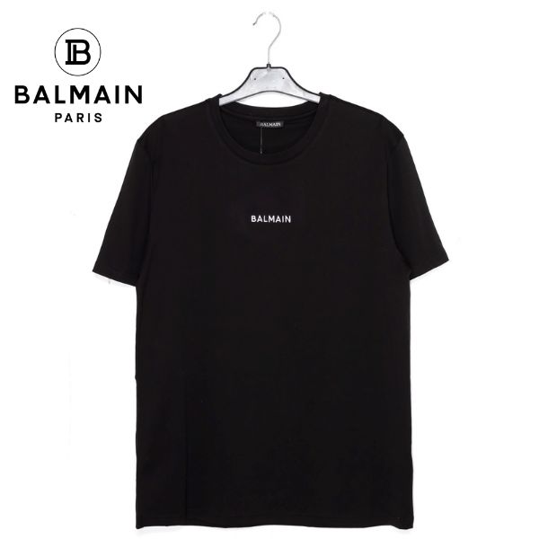 国内発 BALMAIN ロゴブラックコットンラウンドネック半袖Tシャツ BALMAIN ブラック ロゴ Tシャツ