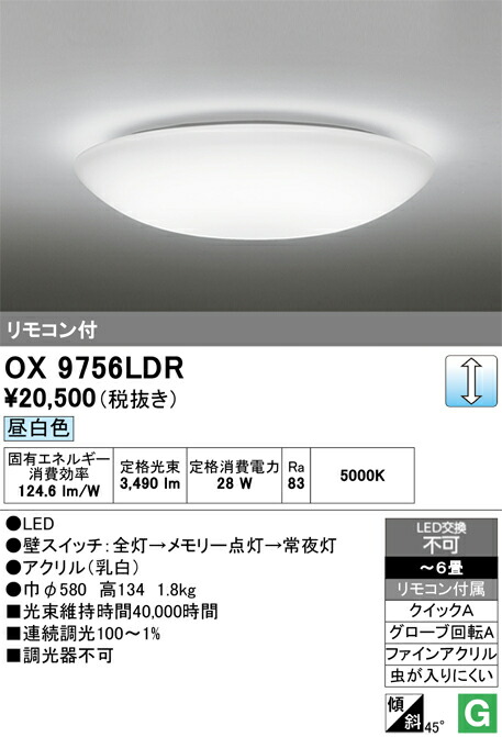 (LINEクーポン有)オーデリック OX9756LDR LEDシーリングライト ～6畳 昼白色 調光タイプ リモコン付属 照明資材 ODELIC