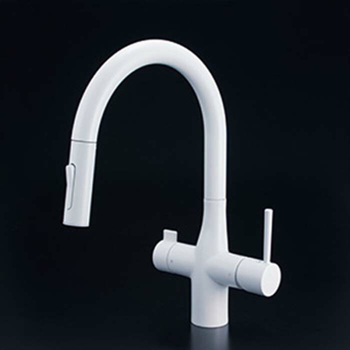 (LINEクーポン有)KVK KM6081VECM4 ビルトイン浄水器用シングルシャワー付混合栓(ｅレバー・回転規制)マットホワイト(代引不可)