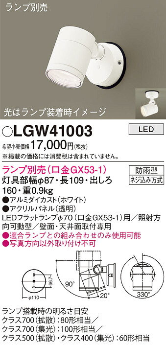 (LINEクーポン有)パナソニック LGW41003 エクステリアスポットランプ別売GX53 Panasonic