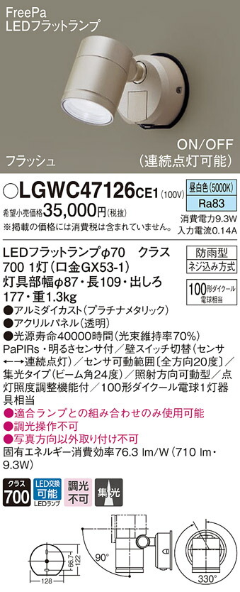 (LINEクーポン有)パナソニック LGWC47126CE1 エクステリアスポットヒトセンサー Panasonic