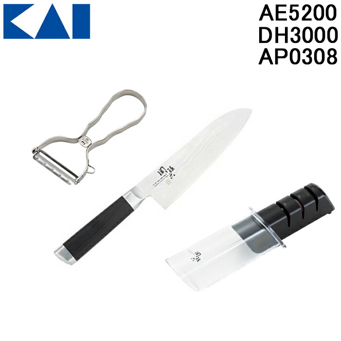 (LINEクーポン有)貝印 AE5200・DH3000・AP0308 関孫六 ダマスカス 三徳包丁 165mm・T型ピーラー・ダイヤモンド&セラミックシャープナー 3点セット 母の日 父の日 ギフト プレゼントにおすすめ