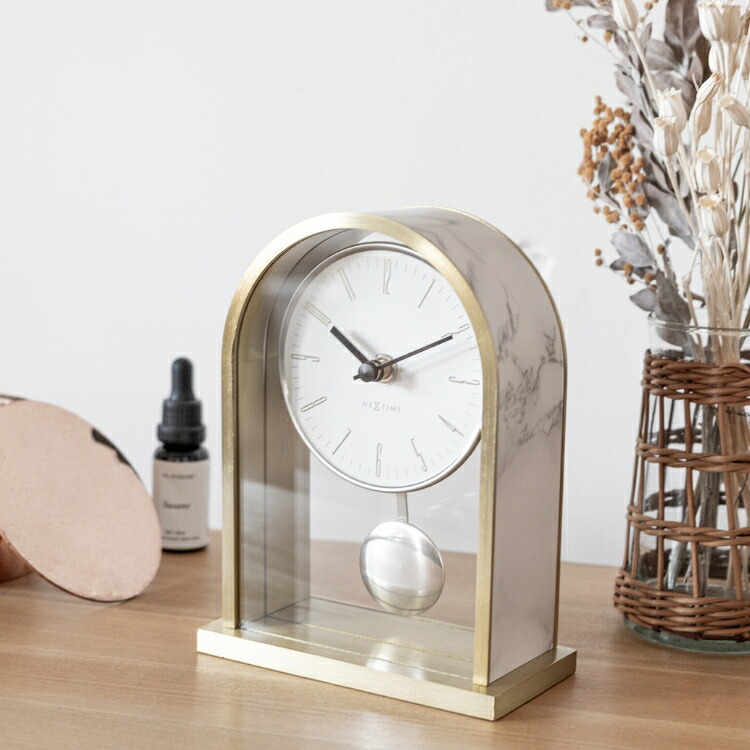 ネクスタイム 振り子時計 置時計 おしゃれ かわいい 北欧 シンプル モダン エレガント リビング ダイニング キッチン 寝室 子供部屋 アンティーク インテリア 大理石柄 振り子 ステップムーブメント テーブルクロック デスククロック NXT Marble Pendulum｜RADINA