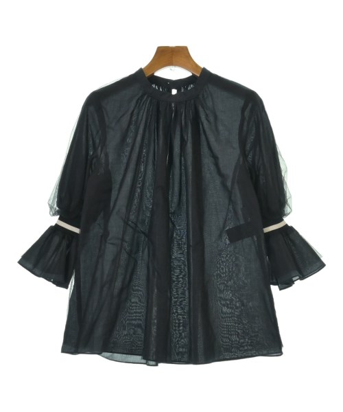 ■未使用品LANVIN en Bleuアシンメトリーフリルブラウス袖ライン入り黒 セール】トリアセローンボリュームカラーブラウス（シャツ/ブラウス