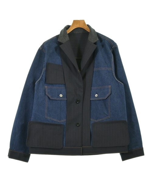 [SACAI]デニムパネル フレイドコットンブークレ ジャケット Sacai ポインテッドカラー ジャケット | ブルー | FARFETCH JP