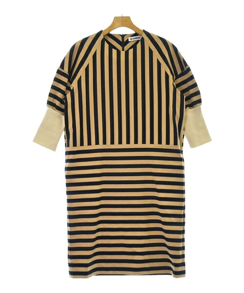 JIL SANDER ジルサンダー ワンピース レディース 34(XXS位) ベージュx黒(ストライプ) 【中古】【古着】