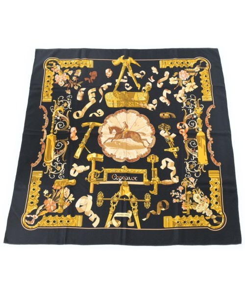 HERMES エルメス バンダナ・スカーフ レディース 90 黒x黄xオレンジ等(総柄) 【中古】【古着】