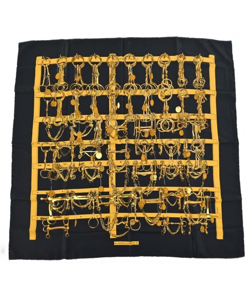 HERMES エルメスバンダナ・スカーフ レディース 90 黒x黄x茶等(総柄)【中古】【古着】