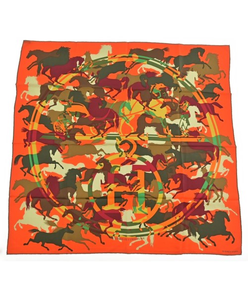 HERMES エルメス バンダナ・スカーフ レディース 90 オレンジxカーキx茶等 【中古】【古着】