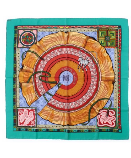 HERMES エルメス バンダナ・スカーフ レディース 90 緑x赤x黄等(総柄) 【中古】【古着】