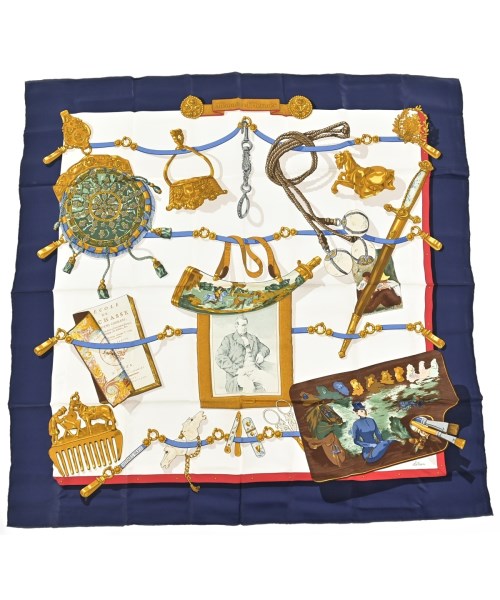 HERMES エルメスバンダナ・スカーフ レディース 90 白x紺x黄等【中古】【古着】