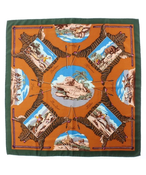 HERMES エルメスバンダナ・スカーフ レディース 90 オレンジ色x緑【中古】【古着】
