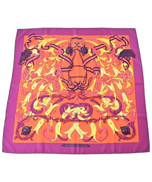 HERMES エルメスバンダナ・スカーフ レディース 90 オレンジ色x紫等(総柄)【中古】【古着】