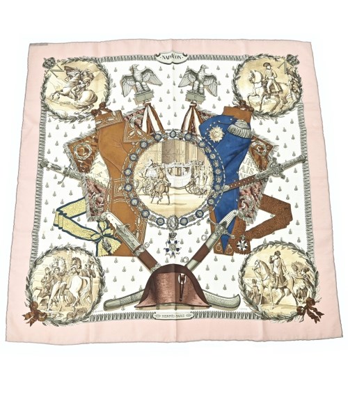 HERMES エルメスバンダナ・スカーフ レディース 90 白xサクラ色x黄等(総柄)【中古】【古着】