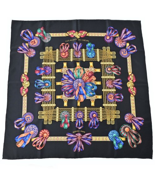 HERMES エルメスバンダナ・スカーフ レディース 90 黒x緑x黄等(総柄)【中古】【古着】