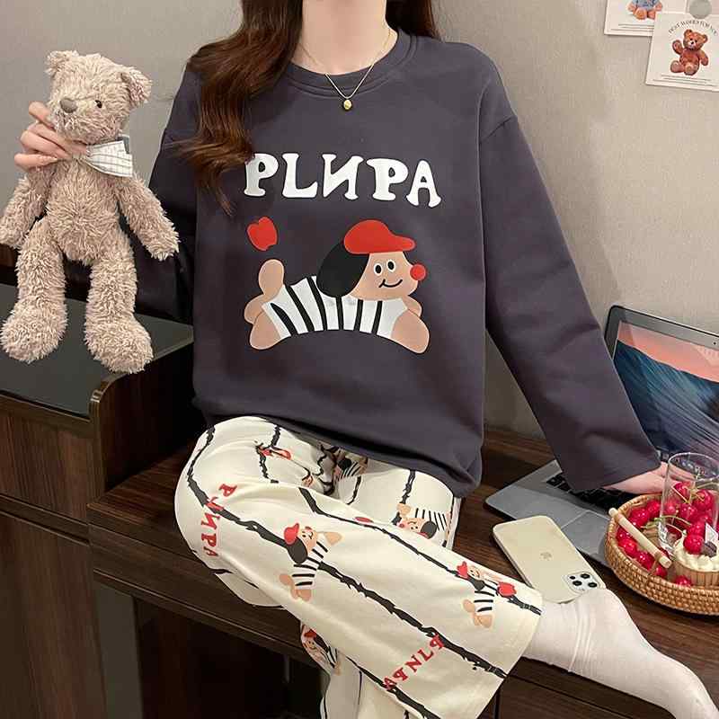 快適 上下セット ラウンドネック 薄手 春秋 リラックス モダール 部屋着 ルームウェア パジャマ レディース 長袖長ズボン 犬柄 かわいい 伸縮性