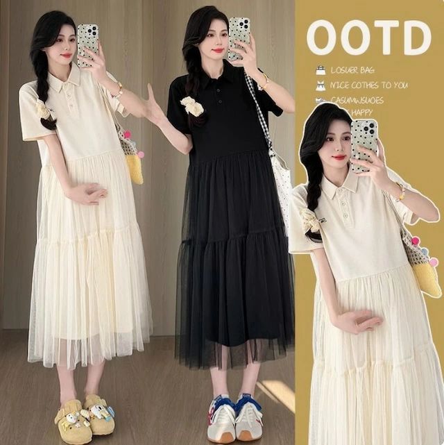 ドッキングワンピース CO5358 ママ服 胸元ロゴ 妊婦服 人気 体型カバー 産後 春 ポロシャツチュール切り替えティアードワンピース 大きいサイズ マタニティワンピース 夏 全2色 フェミニンカジュアル レディース 韓国 ママファッション 産前 半袖 デイリー ポロ衿 ゆったり