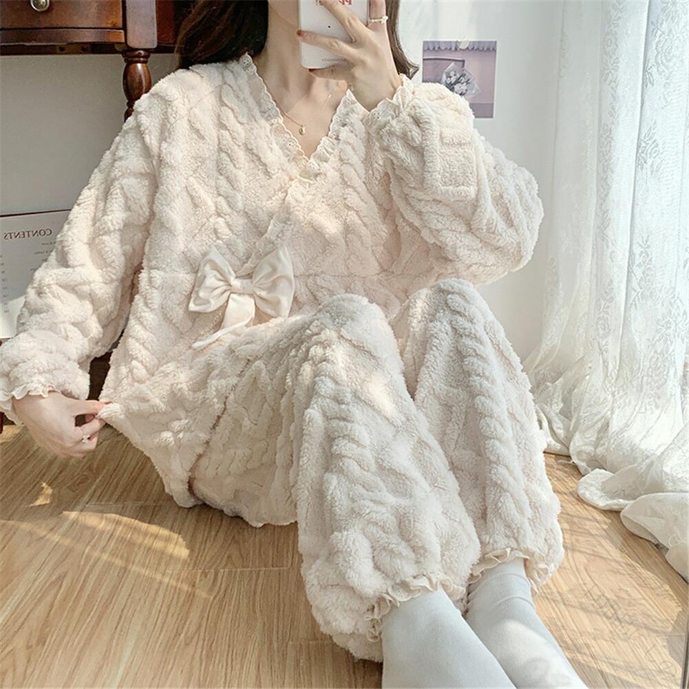 ギフト 出産 ルームウェア おしゃれ パンツ 上下 妊婦 パジャマ かわいい トップス セット リボン 長袖 v 授乳服 モコモコ ネック 産後 調節 ウエスト 授乳口 プレゼント マタニティ パジャマ 冬 付き