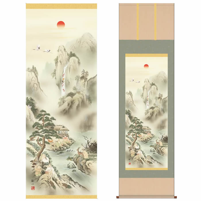 山水画 蓬莱四神吉相図 3d5 043 正月 床の間 飾り 掛軸 山水画 富士山 あす楽対応 掛軸 送料無料 Kj3即納 掛け軸 857 来夢堂 丈190cm 幅54 5cm 尺五 作家 狭山観水 掛け軸