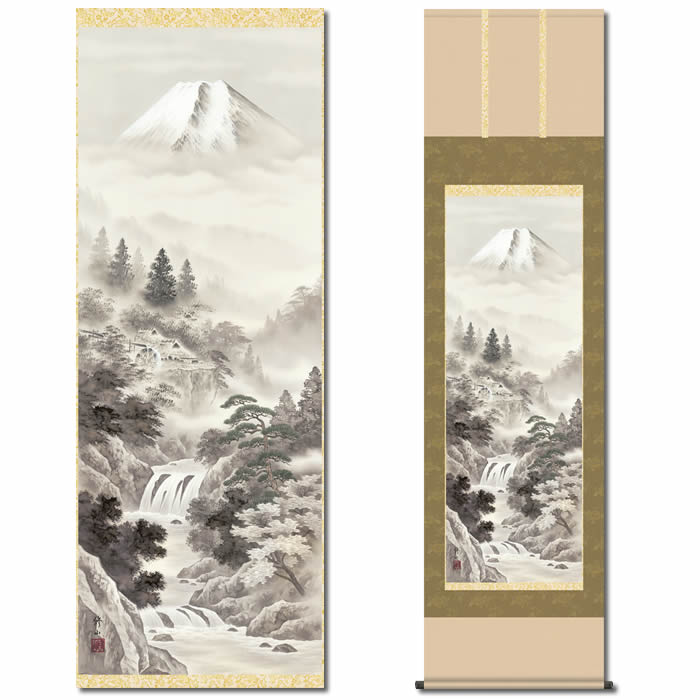 掛け軸　「富士山水」 楽天市場】掛け軸【富士山水：赤富士飛鶴/9SB3-001】丈140cm×幅
