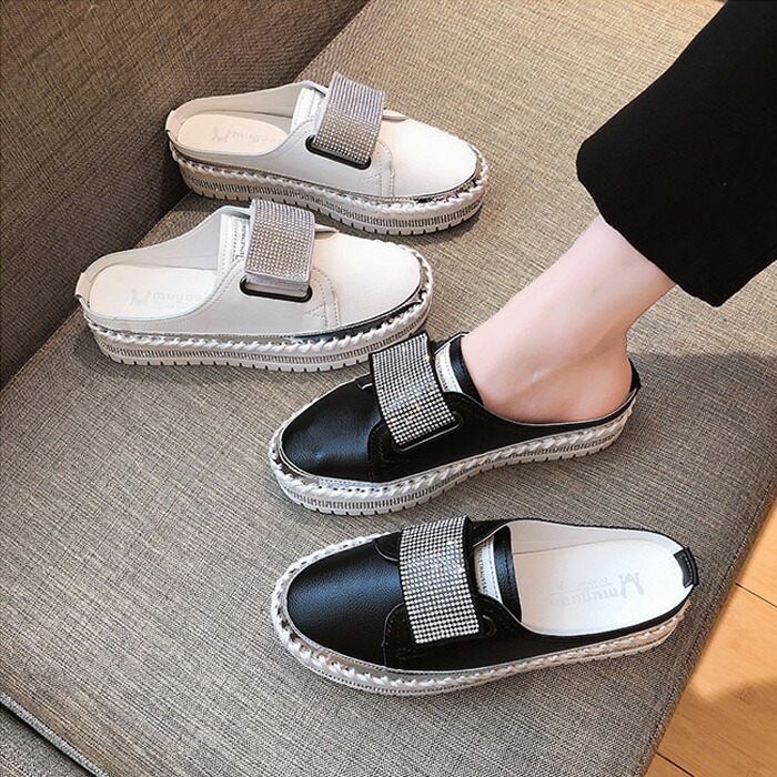 スリッポン レディース ハーフスリッポン ラインストーン キラキラ かわいい マジックテープ ベルクロ シルバー ブラック 送料無料 21正規激安