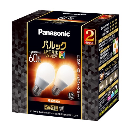パナソニック パルック LED白熱電球 口金差しわたし26粍 割り増し金X 白熱電球60形好いかげんに 白熱電球色好いかげんに(7.4W) 原則として白熱電球 あき場所総べてを照らす手合い(全道のり手合い) 2個入り口・入口 密閉物の具相応う LDA7LDGSZ62T