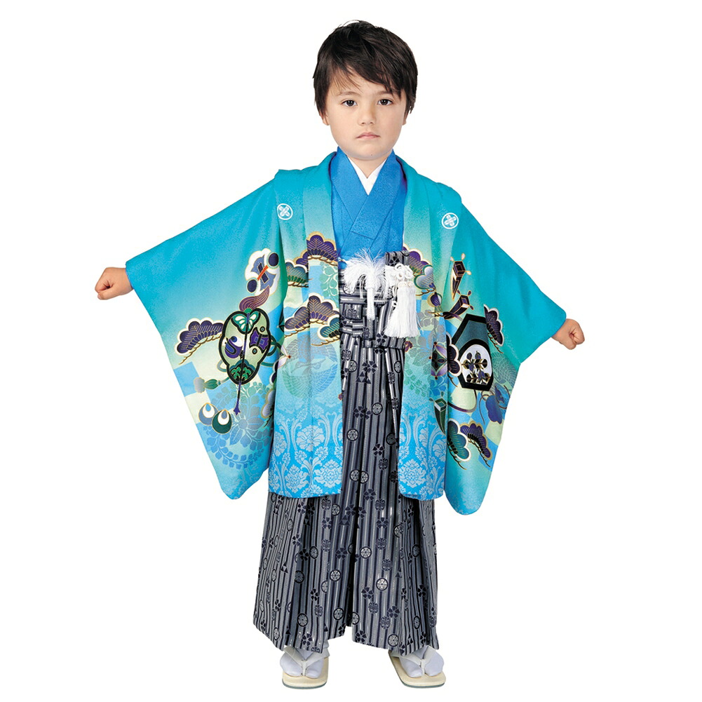 R・K 5歳 男児 アンサンブル・袴セット 兜　水色 対応身長110cm 七五三 3歳 7歳 こども kids 着物 5歳 男の子｜楽市きもの館