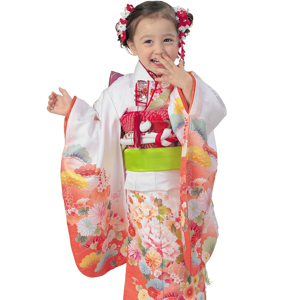 R・K 3歳きもの(三つ身)セット 牡丹 菊 松 梅 白 対応身長95cm 七五三 3歳 7歳 こども kids 着物｜楽市きもの館