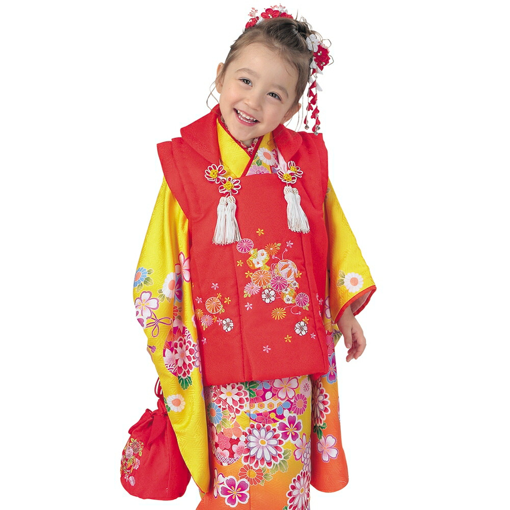 R・K 3歳 女児 被布セット 菊 鞠 桜　黄色 対応身長95cm 七五三 3歳 7歳 こども kids 着物
