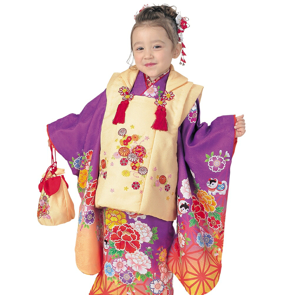 R・K 3歳 女児 被布セット 桜 牡丹 菊 紫 対応身長95cm 七五三 3歳 7歳 こども kids 着物｜楽市きもの館