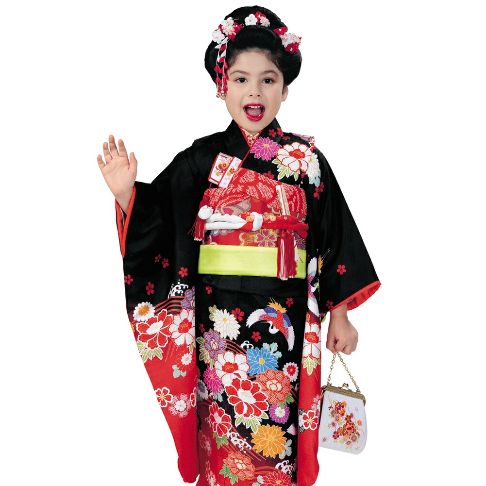 楽天市場】R・K 7歳きもの(四つ身)セット 牡丹 菊 鶴 黒 対応身長120cm