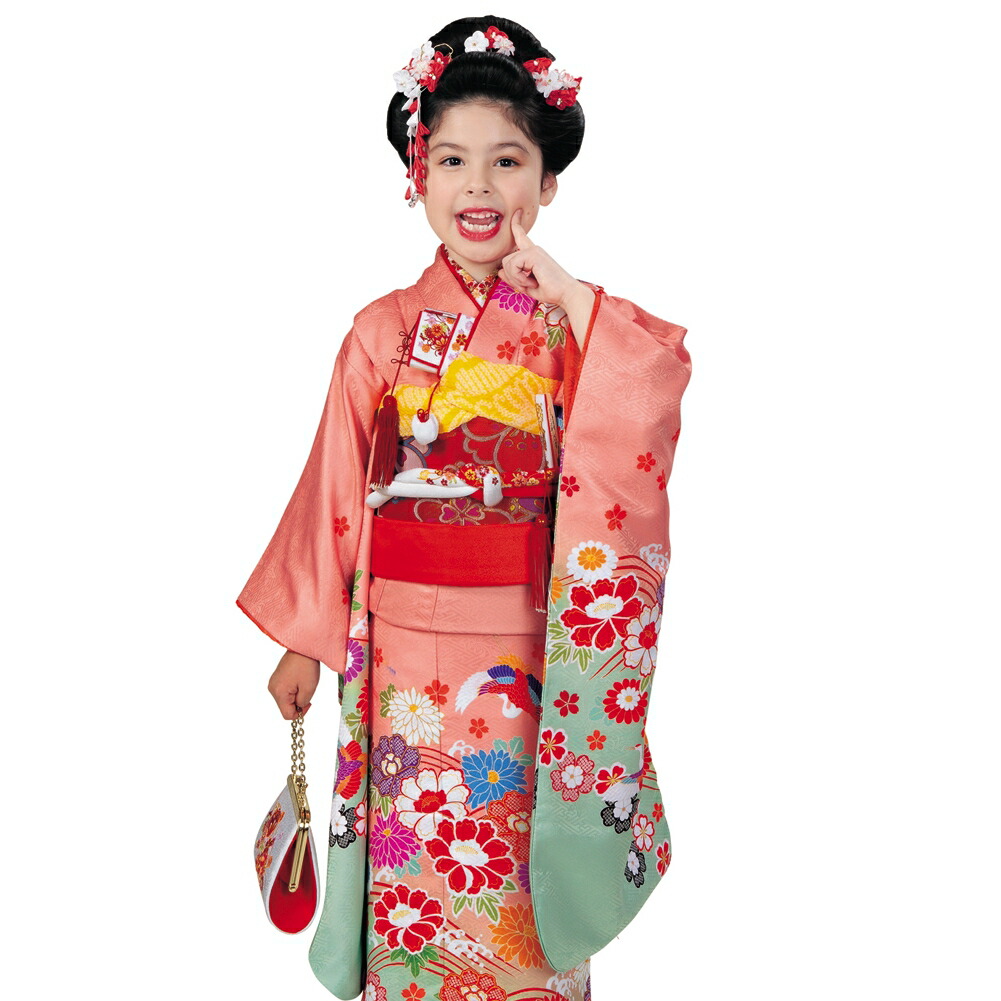 R・K 7歳きもの(四つ身)セット 牡丹 菊 鶴 サーモンピンク 対応身長120cm 七五三 3歳 7歳 こども kids 着物