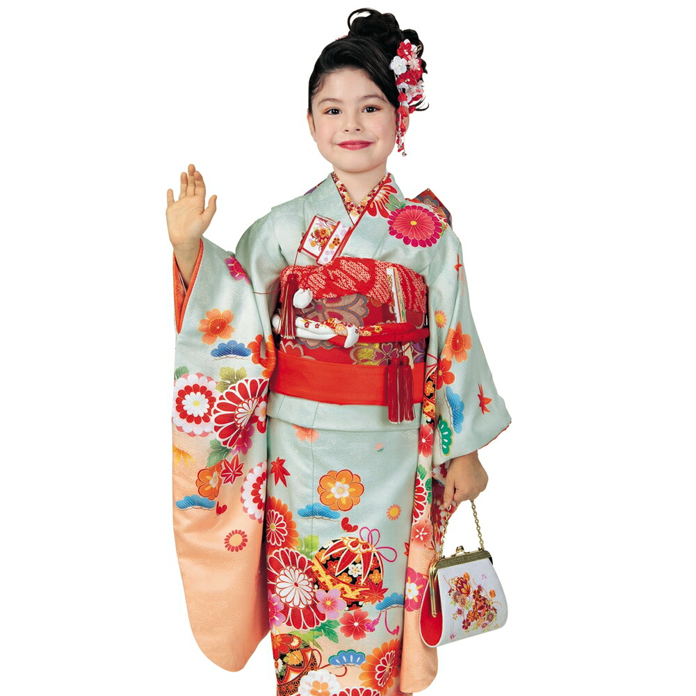 R・K 7歳きもの(四つ身)セット 鞠 菊 青磁 対応身長120cm 七五三 3歳 7歳 こども kids 着物