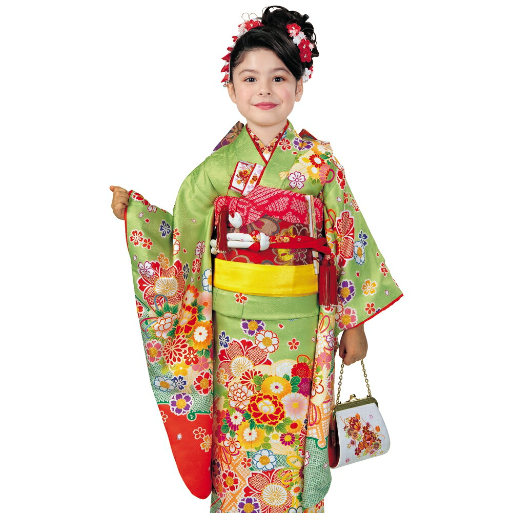 R・K 7歳きもの(四つ身)セット 牡丹 桜 菊 ヒワ 対応身長120cm 七五三 3歳 7歳 こども kids 着物