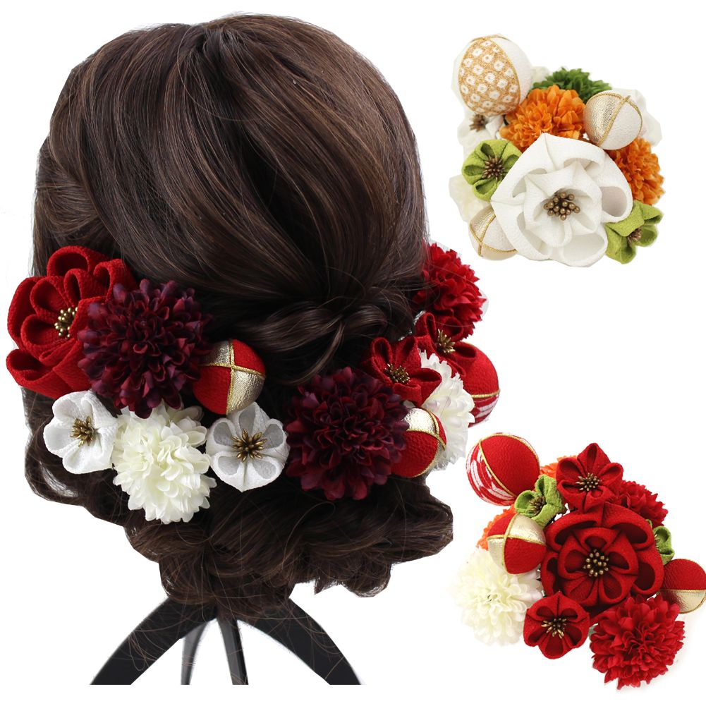 髪飾り 成人式 結婚式 和装 つまみ細工 マム 13点セット 振袖用 ウェディング 花 着物 ヘアアクセサリー ヘッドドレス 赤 白 決算特価商品