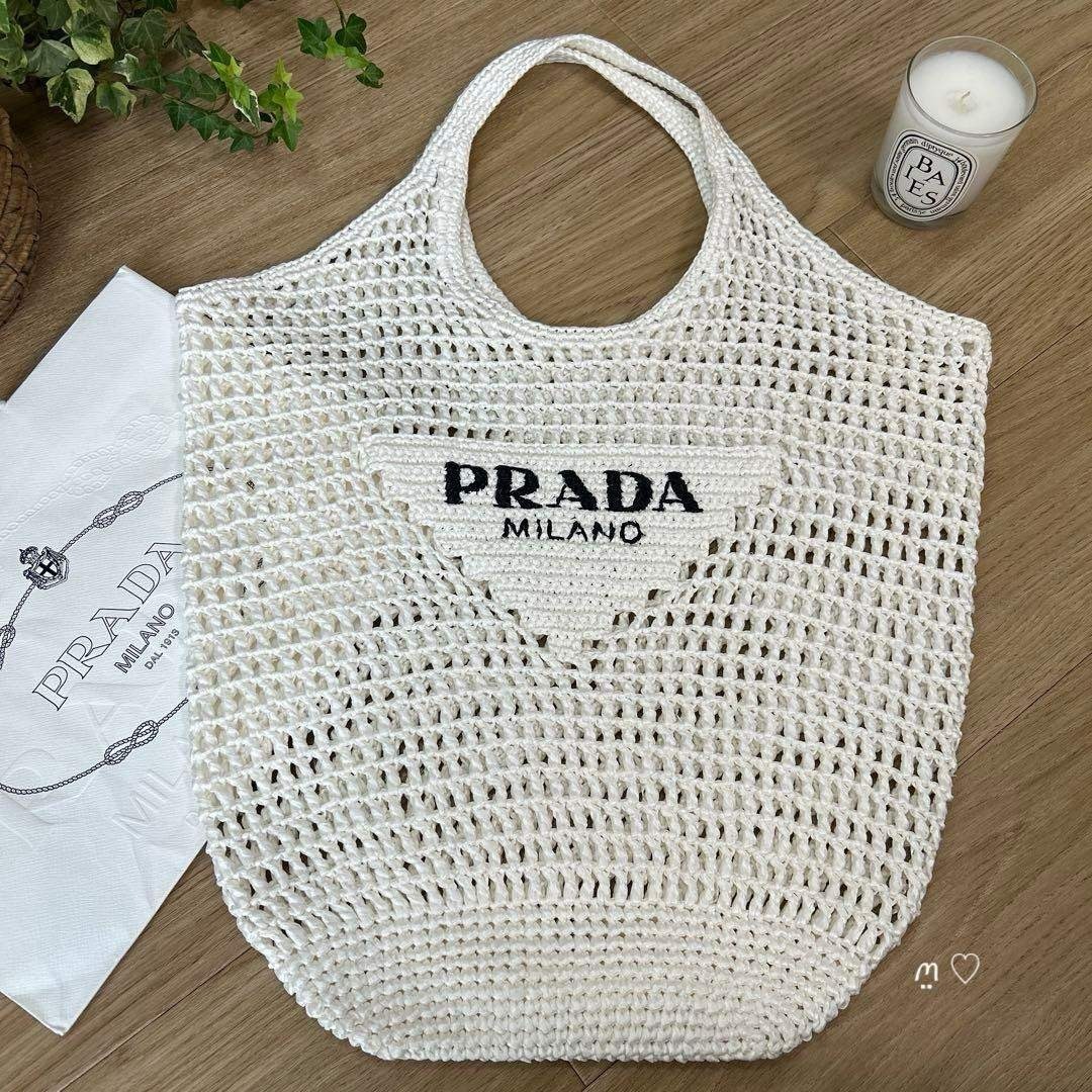 【中古】 PRADA プラダ クロシェトートバッグ ラフィア風かご御徒面子 1BG424