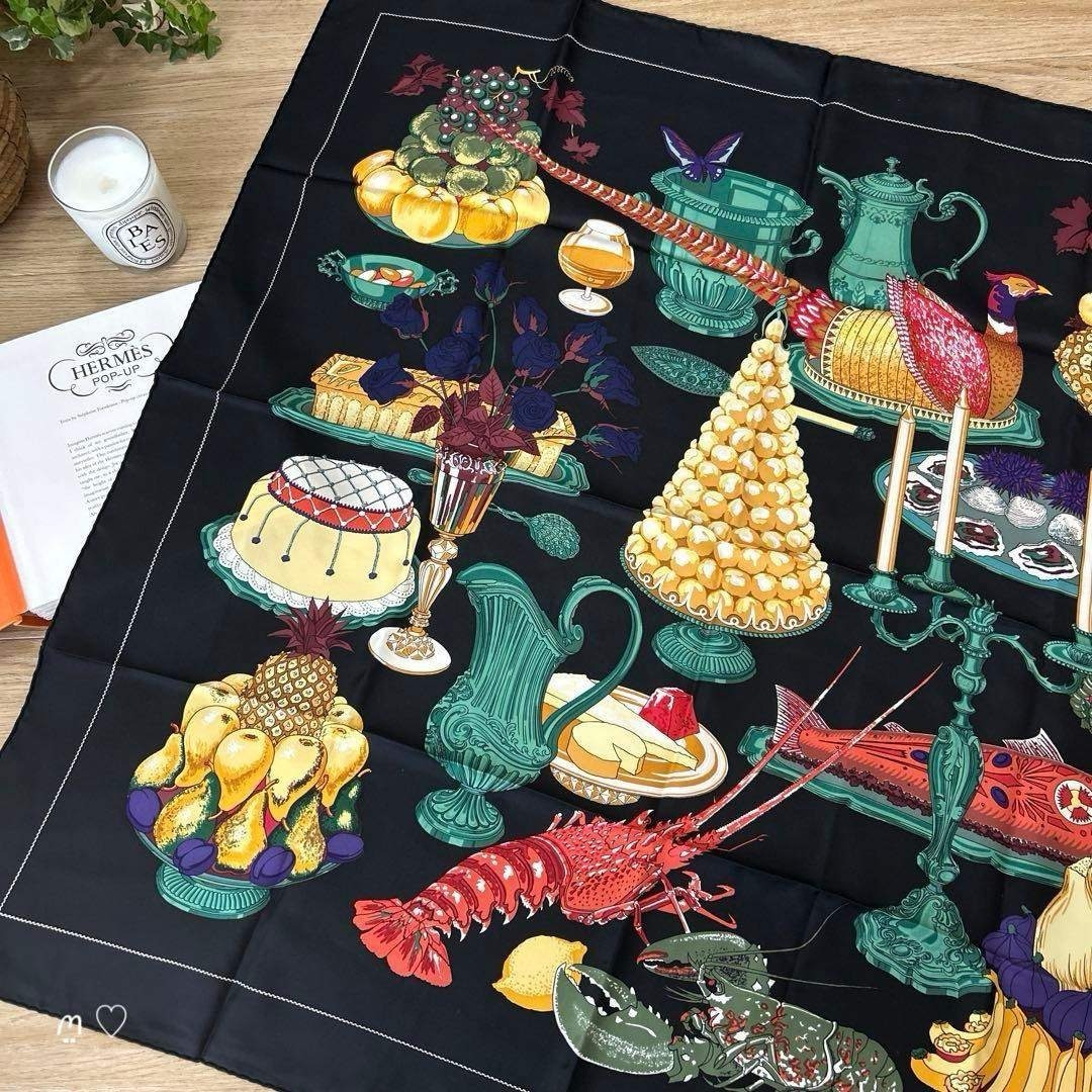 【中古】 HERMES カレ90 昼ご飯 ガストロノミー 地絹えり巻き