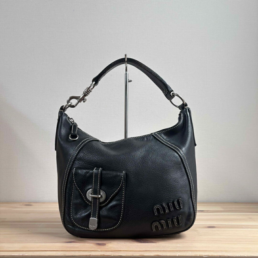 【中古】 Miu Miu ミュウミュウ Y2k Logo Hobo Bag Leather Black