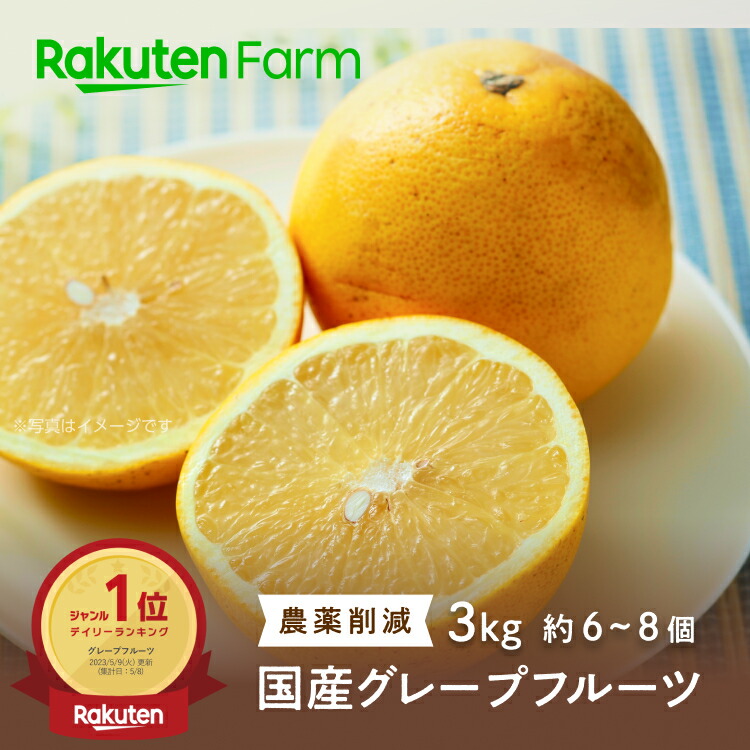 【発送中】グレープフルーツ 3kg(6～8玉前後｜サイズ混合｜宮崎県産) <br>★4月上旬～6月下旬頃お届け予定★ <br>楽天市場グレープフルーツデイリーランキング1位獲得 <br>防腐剤・ワックス不使用 <br>緑の里りょうくん　楽天ファームこだわり農家直送