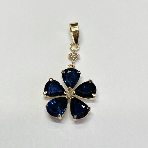 K18 サファイア 1.75カラット 4mm×5mm　ツユ 5個付花型ペンダント　　ダイヤモンド　0.03ct　ファッション　ジュエリー アクセサリー　 レディース 　ギフト　 ９月誕生石　クリスマス　母の日　結婚記念日　プレセント　無料ラッピング 30,388円