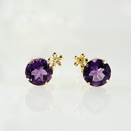 K18 アメシスト 8mm ピアス 花パーツ付き・K18シリコンダブルロックキャッチ付・レディースジュエリー・プレゼント・品質保証書付・ジュエリーケース付・記念日・2月誕生石|ジュエリーワールド ラマジェムス