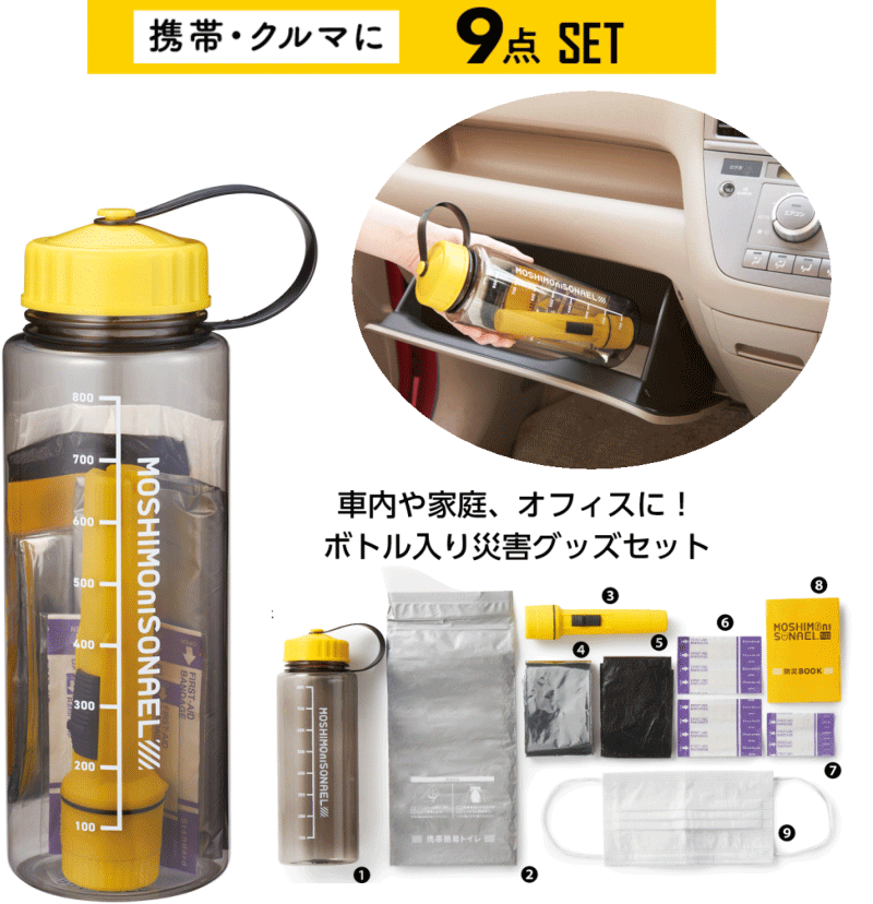 防災セット モシモニソナエル 防災ボトル9点セット 地震 災害 社内や家庭、オフィスに！収納 携帯 ボトルにまとまる LEDライト アルミシート 携帯簡易トイレ ばんそうこう マスク 48個買いOK 老人ホーム 介護施設
