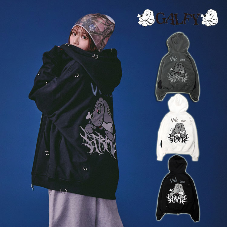 ガルフィー バチバチピアス パーカー 裏毛 スウェット ZIP パーカー メンズ レディース ジップパーカー GALFY オーバーサイズ イヌ ロゴ ストリート カジュアル ユニセックス 男女兼用 トップス ストリートカルチャー WHITE BLACK INK BLACK|RANKUTSUDOU 乱掘堂