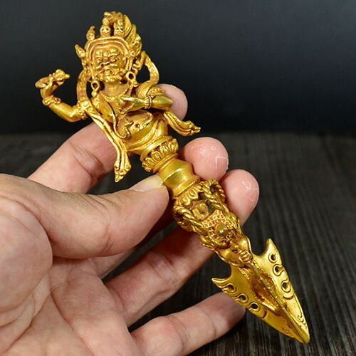 チベット密教 法具 閻魔大王 ヤマラージャ １８金コーティング 金剛杭(プルパ） １３．６ｃｍ【メール便対応可】