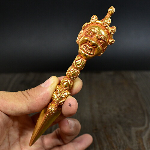 チベット密教 法具 閻魔大王 ヤマラージャ 18金ゴールドコーティング 金剛杭(プルパ) 14cm【メール便対応可】
