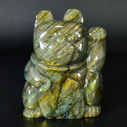 【一点物】招き猫 ラブラドライト 彫刻 置物 重さ：２２３ｇ マネキネコ Lucky Cat Welcome Cat 招福 和柄【送料無料】